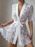 Sexy Lingerie White Lace Mesh Night Robe with Thong