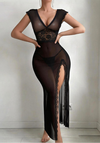 Sexy Lingerie Black Lace Mesh Long Night Dress with Thong