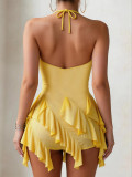 Sexy Lingerie Yellow Sequin Halter Low Back Dress with Thong