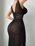 Sexy Lingerie Black Lace Mesh Long Night Dress with Thong