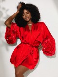 Women Sequin Patchwork Tie Waist Leisure Home Robe