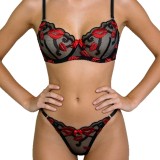 Sexy Red Lip Embroidered See-through Lace Underwire Push-up Bra Set