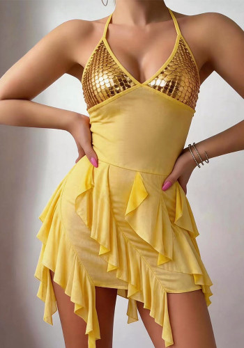 Sexy Lingerie Yellow Sequin Halter Low Back Dress with Thong