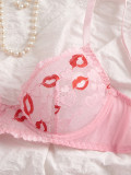 Women Lips Print Lace See-Through Mesh Bra & Panty Garter Lingerie Set