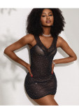 Sexy Sequin See-Through Mesh Lace-Up Back Bodycon Mini Night Dress