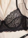 Black Floral Lace Bra See-Through Thong Sexy Lingerie Set