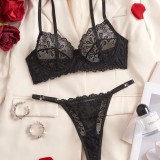 Black Floral Lace Bra See-Through Thong Sexy Lingerie Set