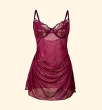 Burgunry Sequin Soft Underwired See-Through Lace Sexy Nightgown