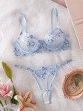 Floral Embroidered Lace Bra See-Through Thong Sexy Lingerie Set