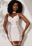 White See-through Mesh Sexy Lingerie Nightgown with Choker +Leg Loops