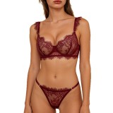 Sexy Lingerie Underwired Bra Thong Sexy French Eyelash Lace See-Through Underwear