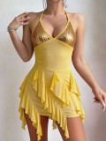Sexy Lingerie Yellow Sequin Halter Low Back Dress with Thong