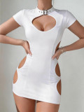 Sexy Lingerie White Pu-Leather Hollo- Out Dress with Thong