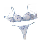 Floral Embroidered Lace Bra See-Through Thong Sexy Lingerie Set