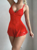 Red Lace Mesh Strap Night Dress with Thong Sexy Lingerie