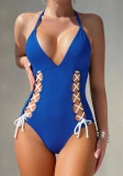 Blue Hollow Out Lace Up Bodysuit Sexy Teddy Lingerie