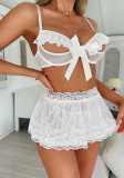 Sexy Underwired Lace Trim Hollow Out Lace Three Piece Lingerie Set
