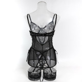 Sexy Lace Patchwork Mesh Bodysuit With Fishnet Stockings Lingerie Set