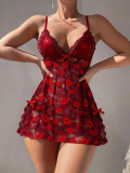 Women Sexy Lingerie Red Lace Strap Night Dress with Thong