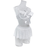 Sexy Underwired Lace Trim Hollow Out Lace Three Piece Lingerie Set