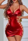 Red Satin Night Dress with Thong Hollow Out Sexy Lingerie