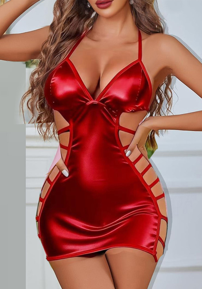 Red Satin Night Dress with Thong Hollow Out Sexy Lingerie