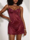 Burgunry Sequin Soft Underwired See-Through Lace Sexy Nightgown