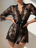 Black Lace Mesh Night Robe with Thong Sexy Lingerie