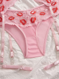 Women Lips Print Lace See-Through Mesh Bra & Panty Garter Lingerie Set