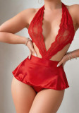 Sexy Lingerie Red Lace Mesh Backless Dress with Thong