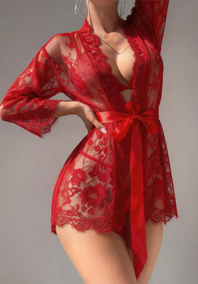 Sexy Lingerie Red Lace Night Robe with Thong
