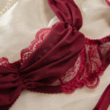Burgundy Embroidered Hollowed-Out Bra See-Through Pantie Lingerie Set