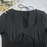 Black Long Sleeve Mesh See-Through Sexy Hollow-Out Bodysuit