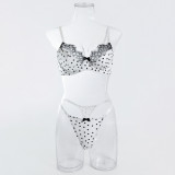 Women Polka Dot Lace Trim Underwired Bra Pantie Lingerie Set