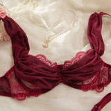 Burgundy Embroidered Hollowed-Out Bra See-Through Pantie Lingerie Set