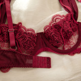 Burgundy Embroidered Hollowed-Out Bra See-Through Pantie Lingerie Set
