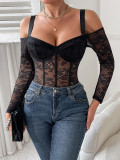 Women Sexy Straps Lace Patchwork See-Through Long Sleeve Bodysuit
