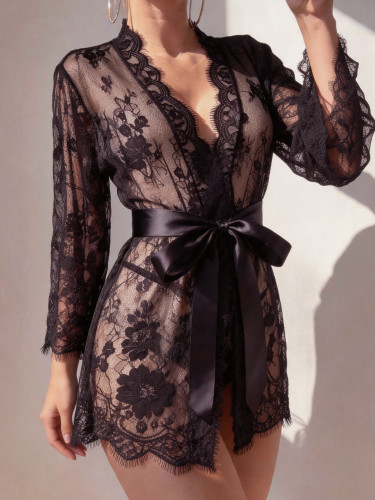 Black Lace Mesh Night Robe with Thong Sexy Lingerie