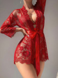 Sexy Lingerie Red Lace Night Robe with Thong