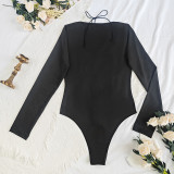 Black Long Sleeve Mesh See-Through Sexy Hollow-Out Bodysuit