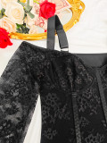 Women Sexy Straps Lace Patchwork See-Through Long Sleeve Bodysuit