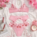 Women Lips Print Lace See-Through Mesh Bra & Panty Garter Lingerie Set