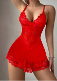 Red Lace Mesh Strap Night Dress with Thong Sexy Lingerie