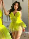 Plus Size Sexy Lingerie Yellow See-Through Lace Mesh Night Dress