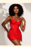 Sexy Slip Dress Strap Sequin Mesh Nightgown Underwired Padded Bra Fishbone Dress