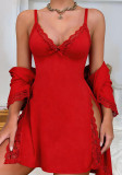 Red Slit Night Dress with Thong Sexy Lingerie (without Robe)