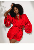 Women Sequin Patchwork Tie Waist Leisure Home Robe