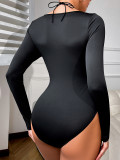 Black Long Sleeve Mesh See-Through Sexy Hollow-Out Bodysuit