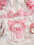 Women Lips Print Lace See-Through Mesh Bra & Panty Garter Lingerie Set