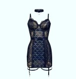 Lace See-through Mesh Nightgown with Choker+ Leg Loops